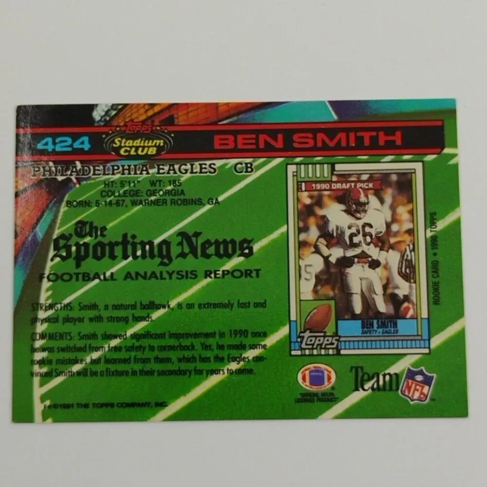 1991 Topps Stadium Club Football Card Ben Smith Philadelphia Eagles #424 - Picture 3 of 7